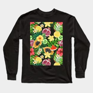 Tropical mix-fruit, flowers and leaves on black Long Sleeve T-Shirt